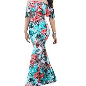 Floral Printed Off Shoulder Long Party Maxi Dress